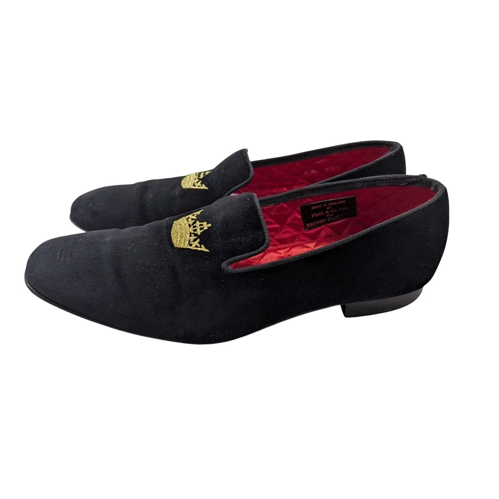 Brooks Brothers Peal & Co Velvet Crown Slippers Mens 13 D Black England Leather